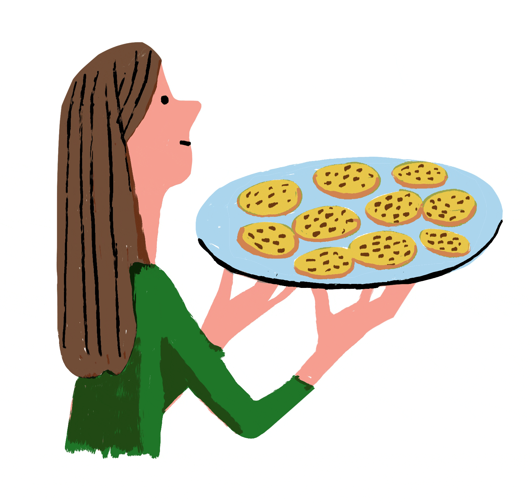Illustration of a woman holding a platter of cookies.