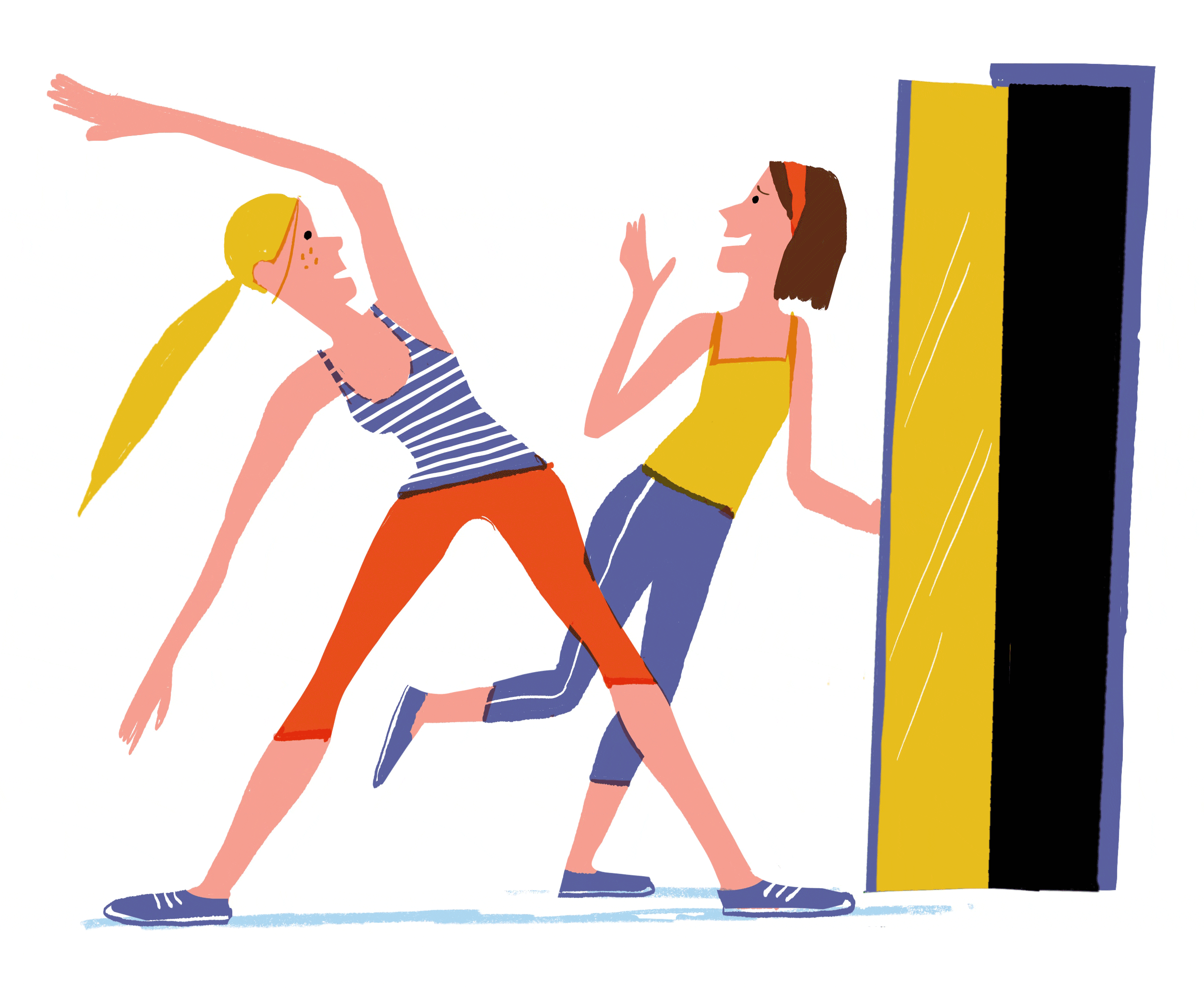 Illustration of two women stretching in workout clothes.