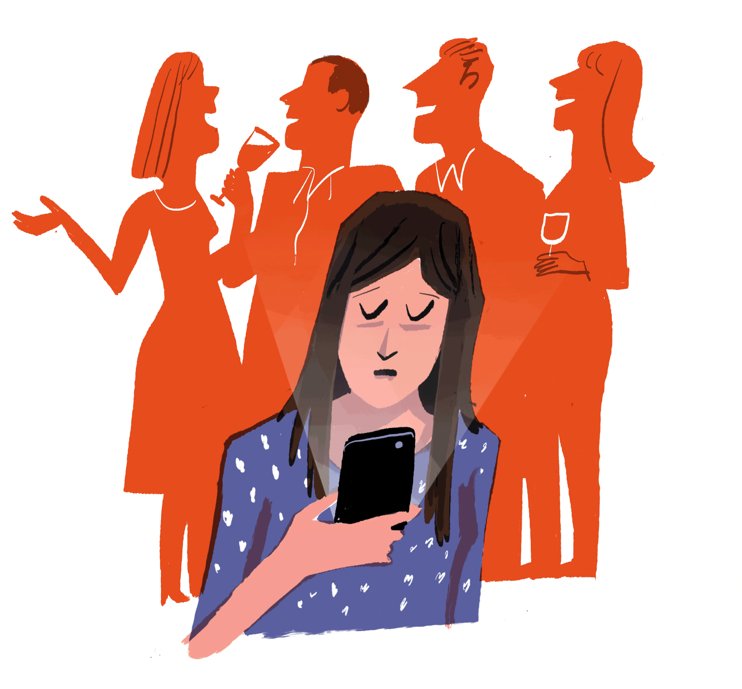 Illustration of a woman checking her phone while a party goes on in the background.