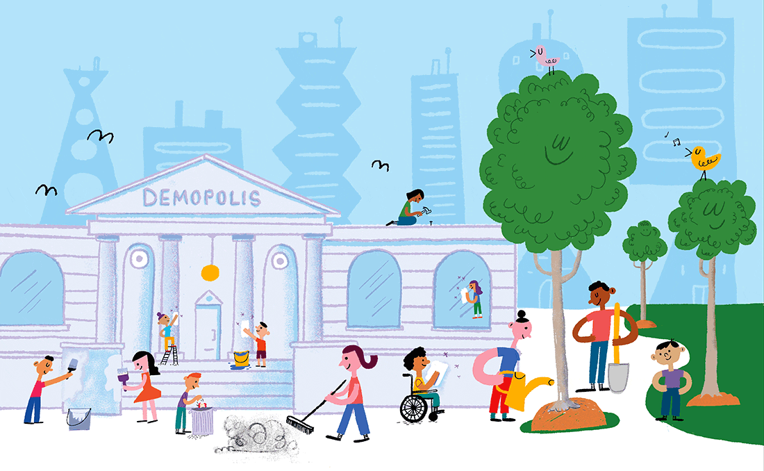 Illustration of people cleaning up in front of a city hall