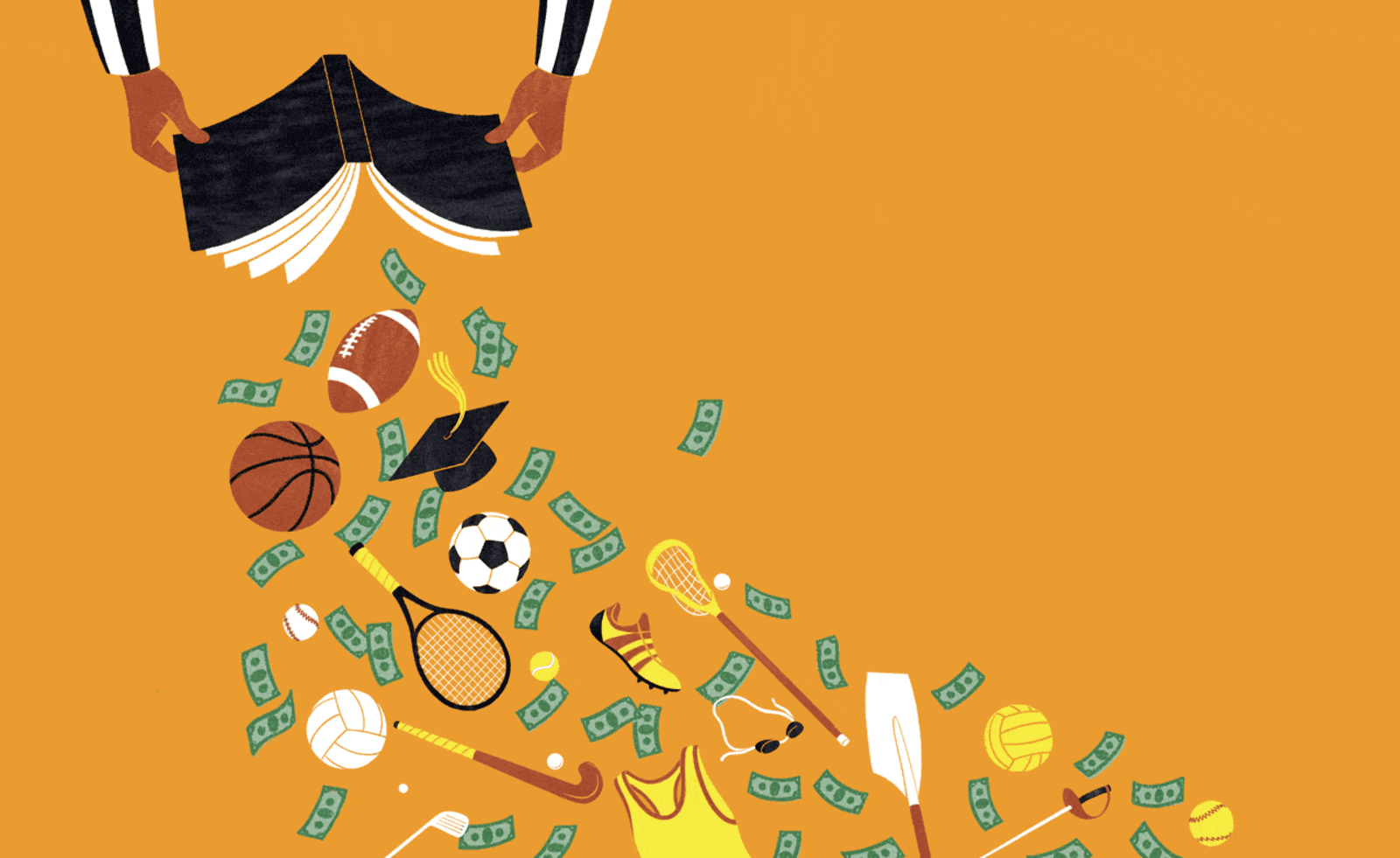Illustration of money and sports equipment falling out of a book being held by a referee