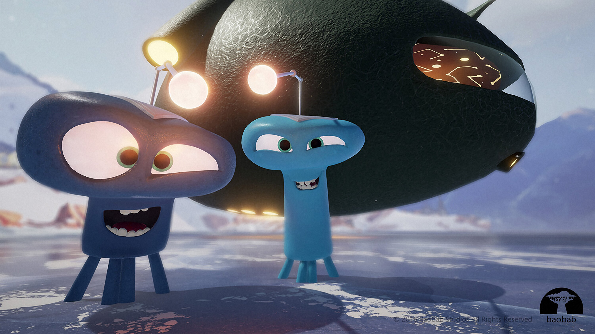 Cartoon of two aliens by a spaceship