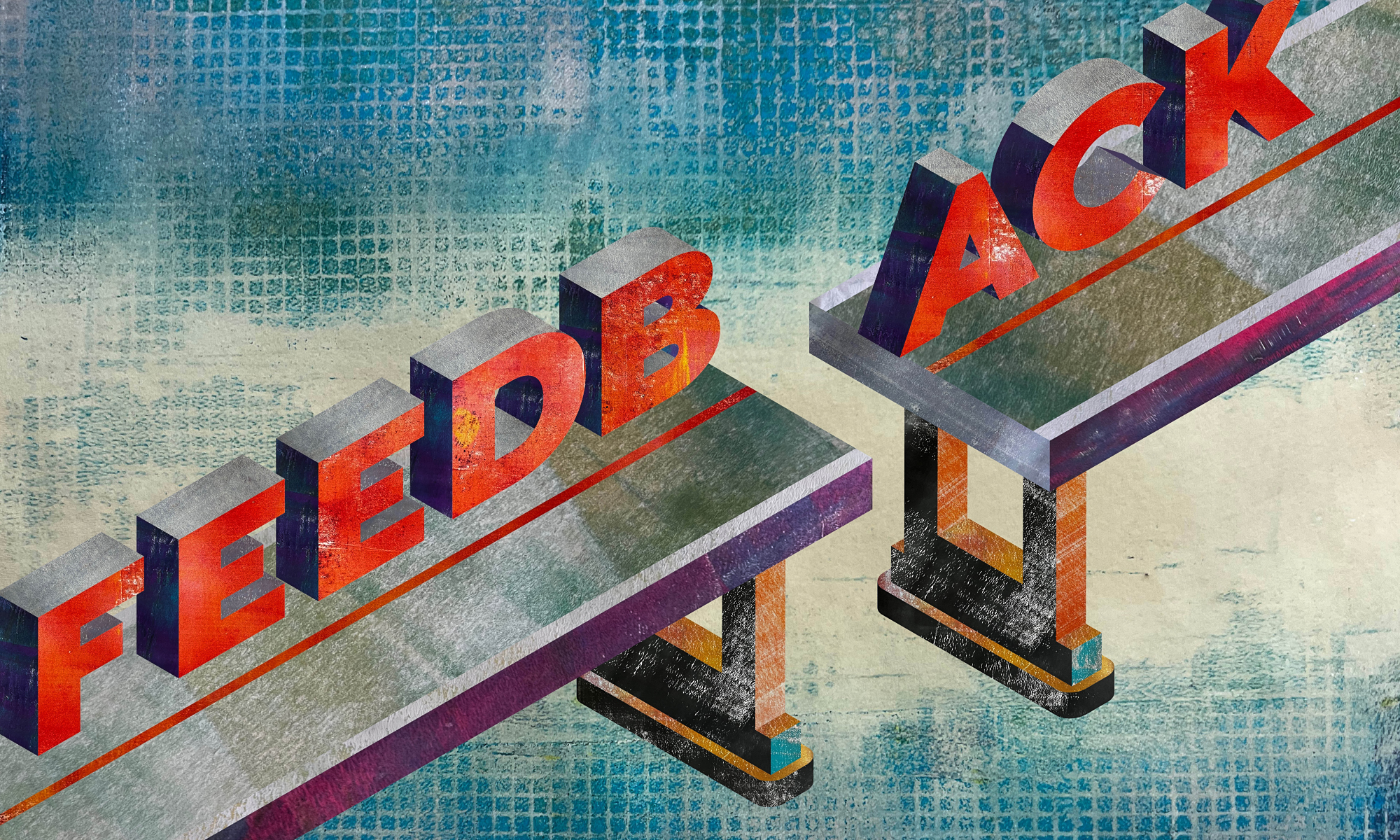 Illustration of a bridge split in half, also splitting the word Feedback