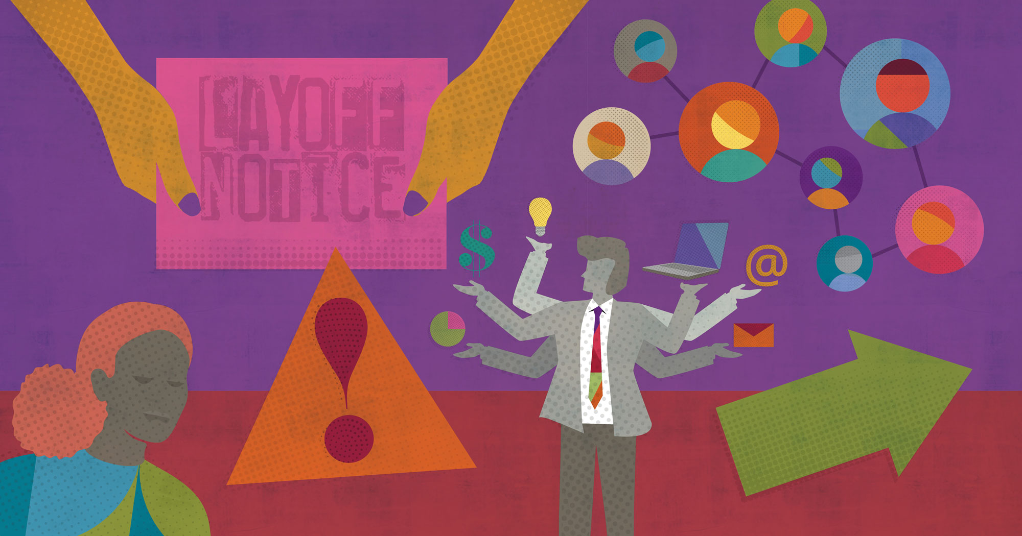 Colorful illustration of ways to deal with a layoff
