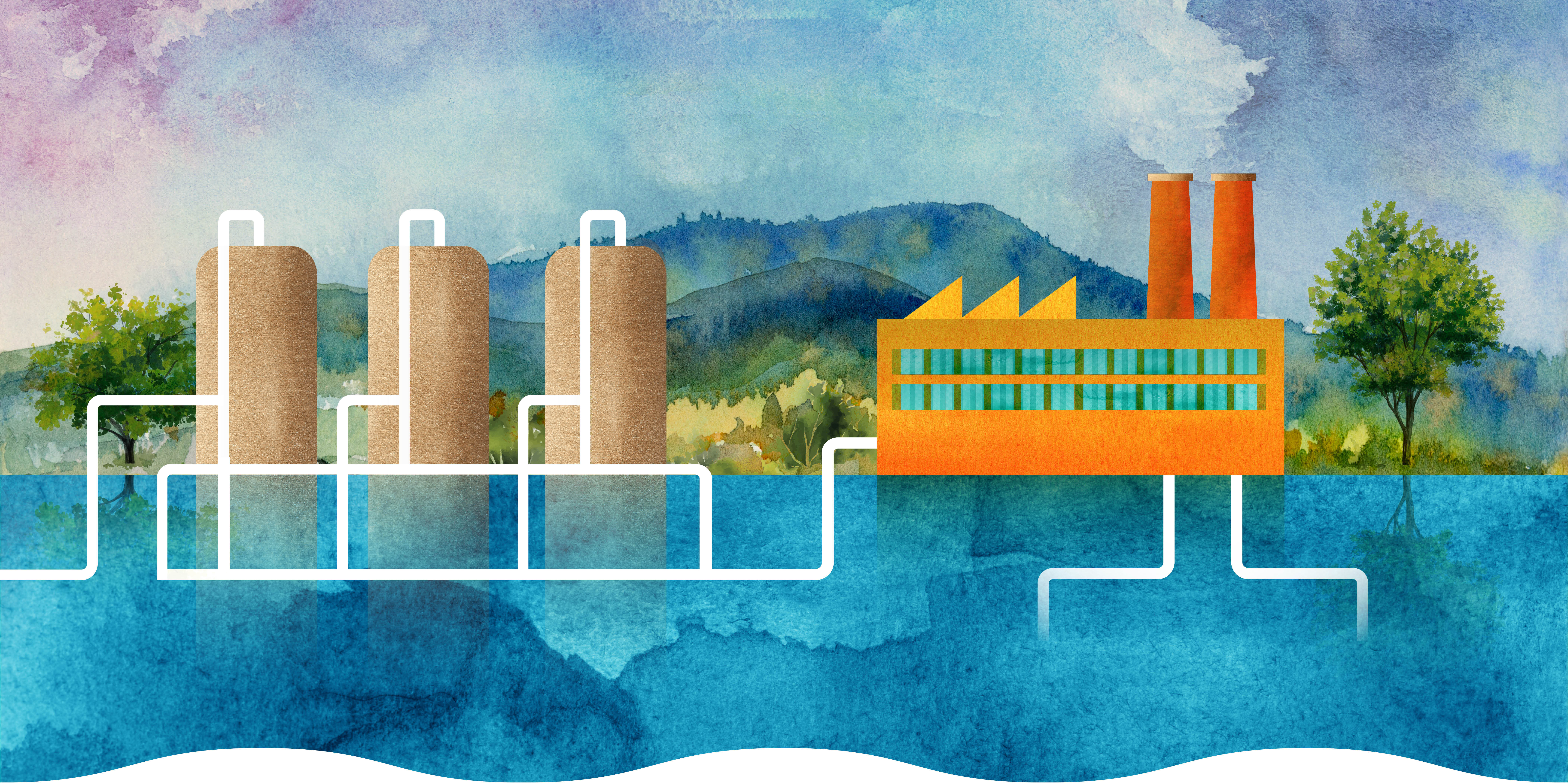 Illustration of a building and water tanks; pipes are visible above and below ground.