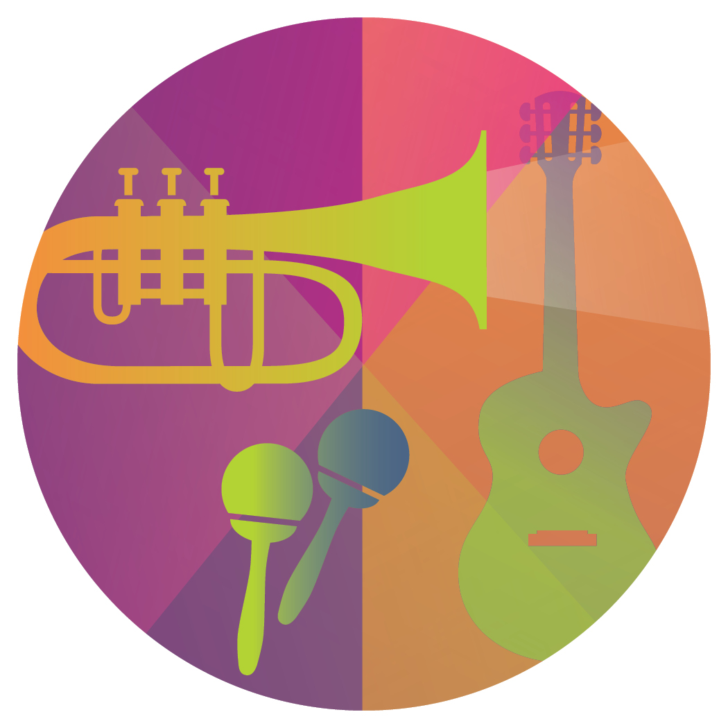 colorful illustration of musical instruments contained within a circle