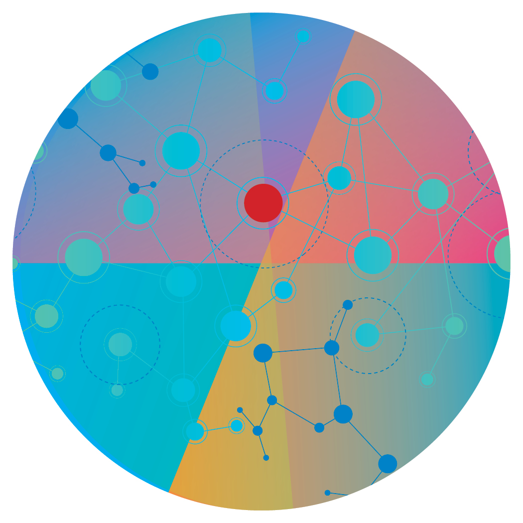 colorful illustration of dots and lines connecting within a circle