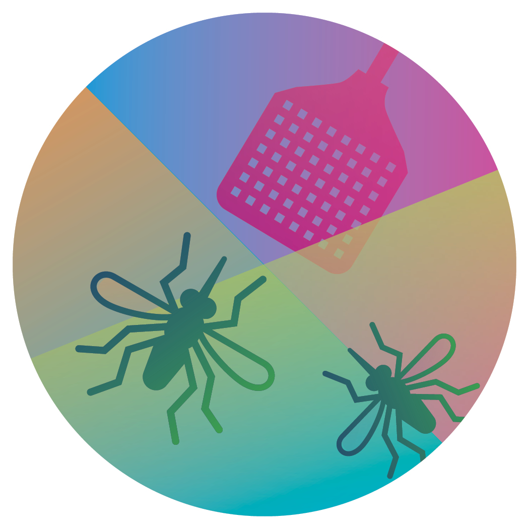 colorful illustration of bugs and a flyswatter to 'debug' contained in a circle.