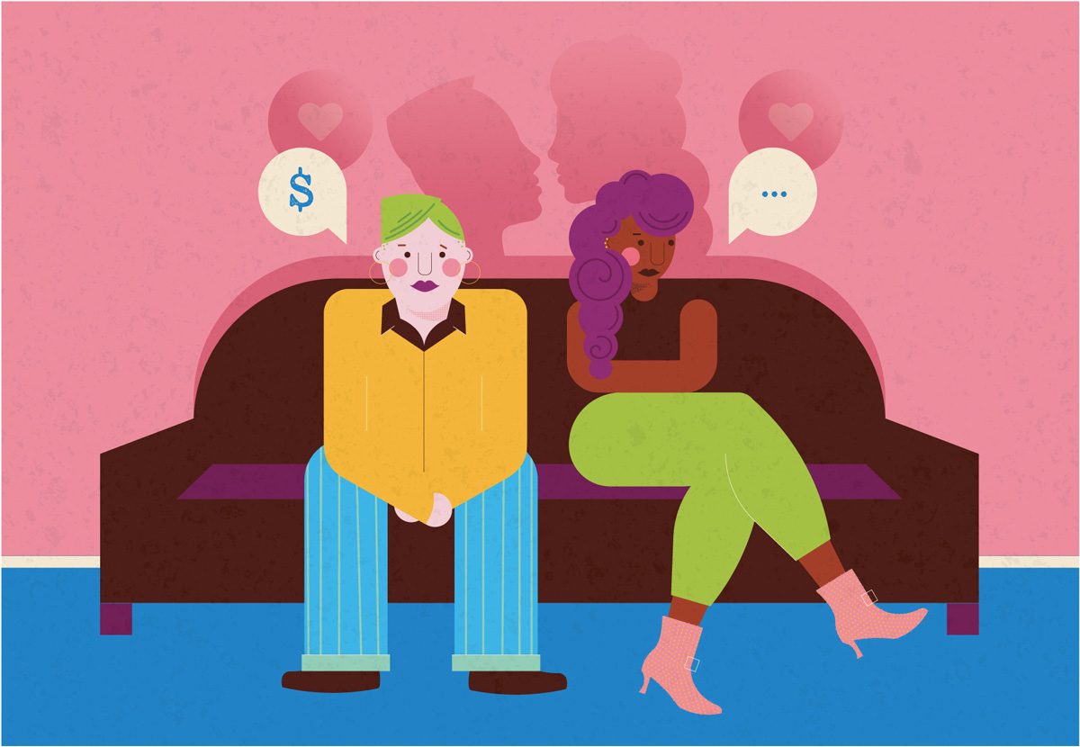 An illustration of a couple, both sitting on a couch. One is thinking about money problems, the other just thinking. Behind them on the wall is their shadows, but their shadows are kissing.