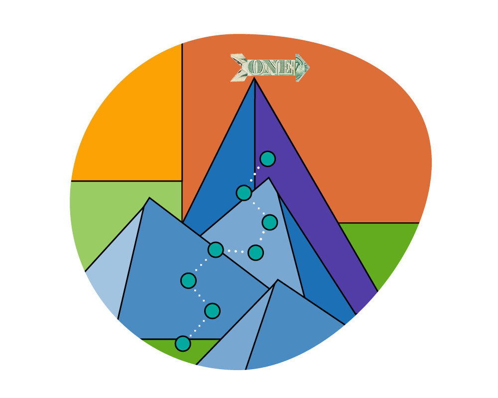 A colorful Illustration of a path up a tall mountain with a dollar bill arrow at the top.