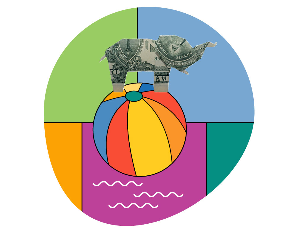 A colorful illustration of a dollar bill elephant balancing on top of a ball.