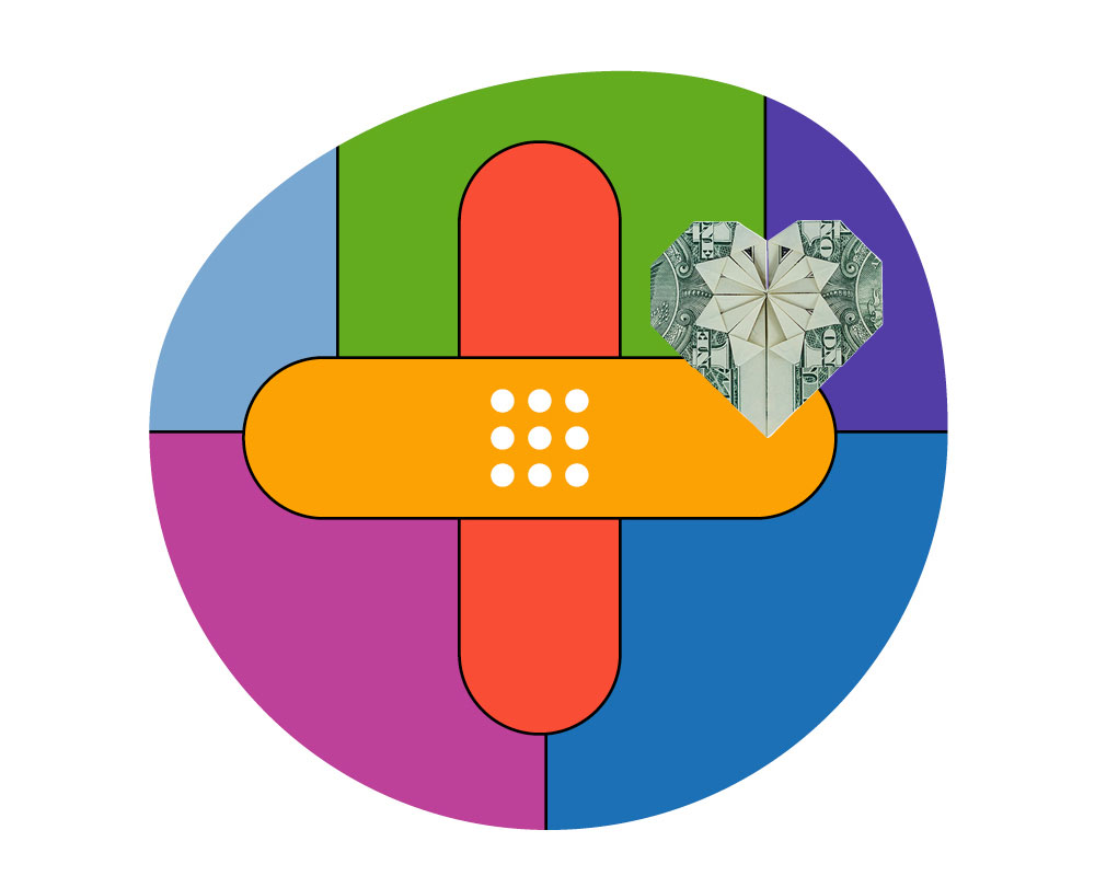 A colorful illustration of a bandaid in the shape of a medical symbol and a dollar bill heart next to it.