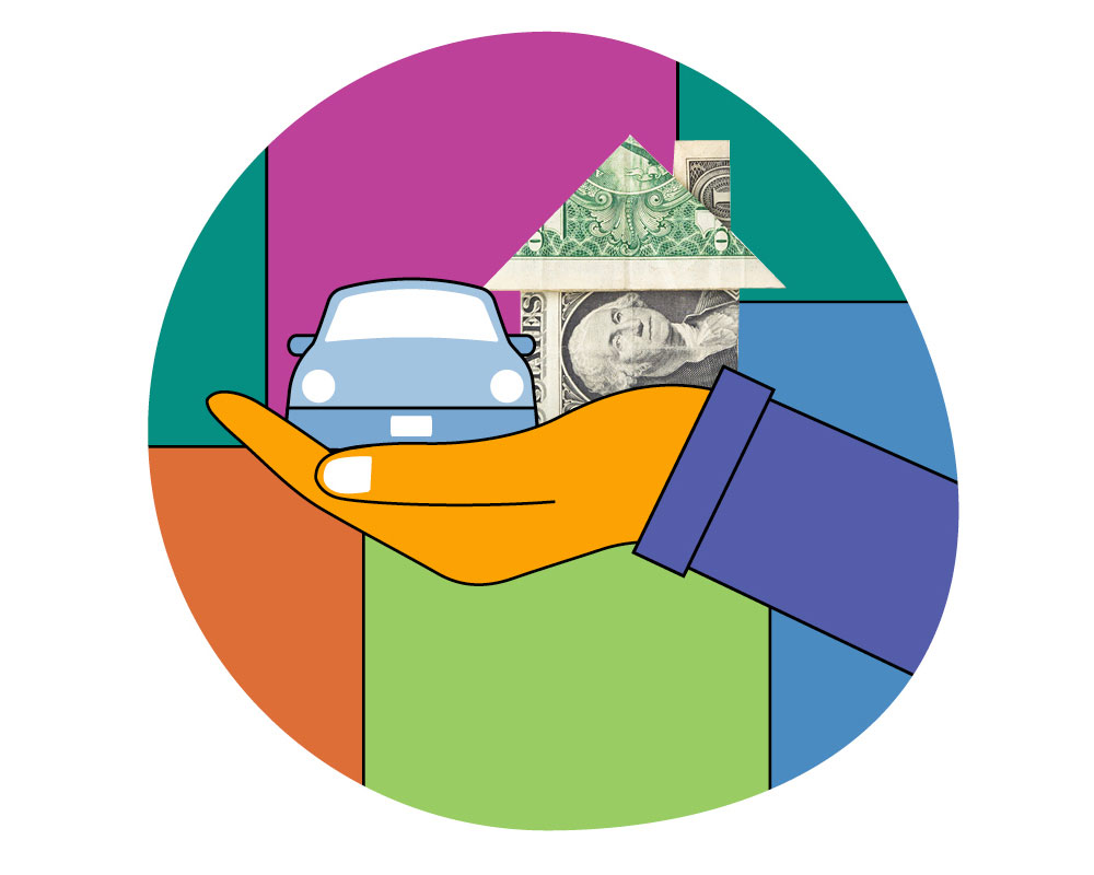A colorful illustration of a hand holding a car and a dollar bill house.