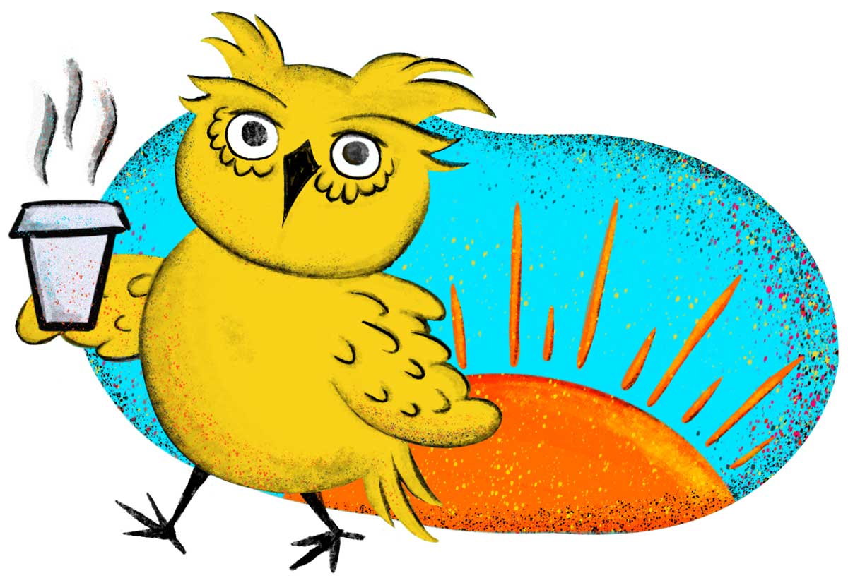 Owl is taking an early morning walk with a cup of coffee while the sun is coming up.