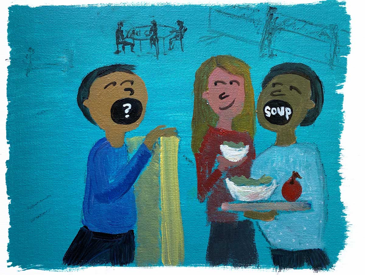 Illustration of three people. One on one side of a barrier with an open mouth that has a question mark and two others; one holding a bowl of soup and the other holding soup and an apple on a tray with their mouth saying "soup"
