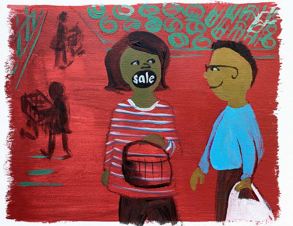 Illustration of two people; one holding a basket and their mouth saying "sale" and the other holding a shopping bag
