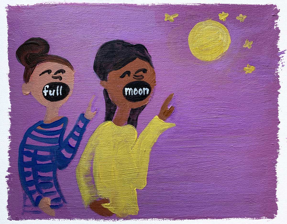 Illustration of two people waving to the moon and stars and one mouth says "full" and the other mouth says "moon"