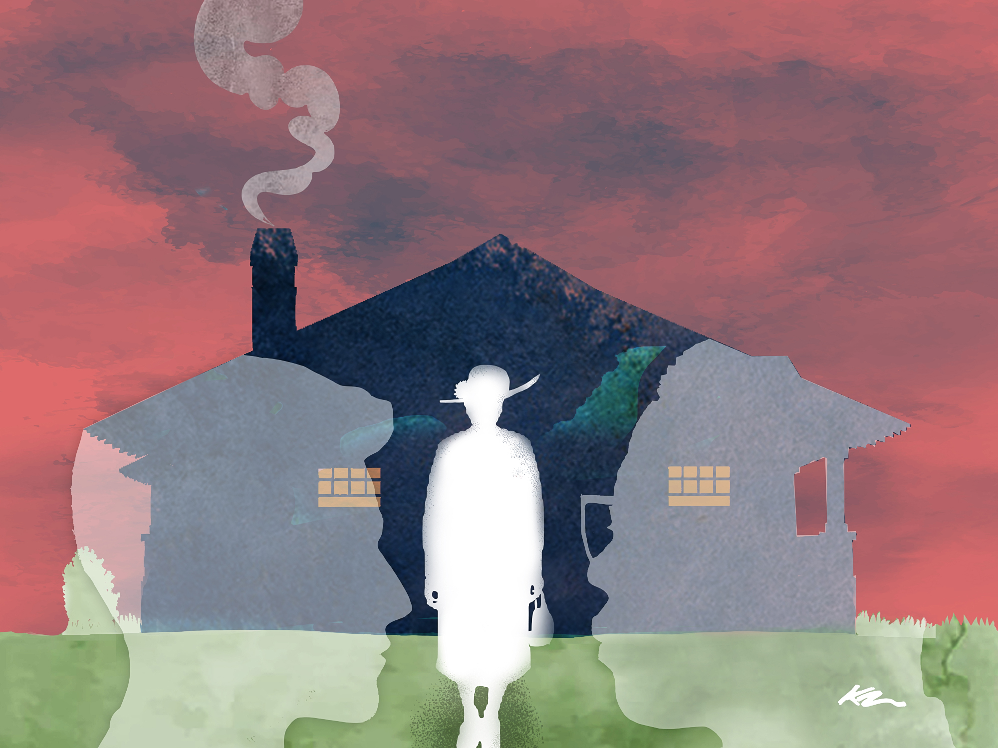 Illustration of a house with silhouetted faces staring at another silhouette of a person 