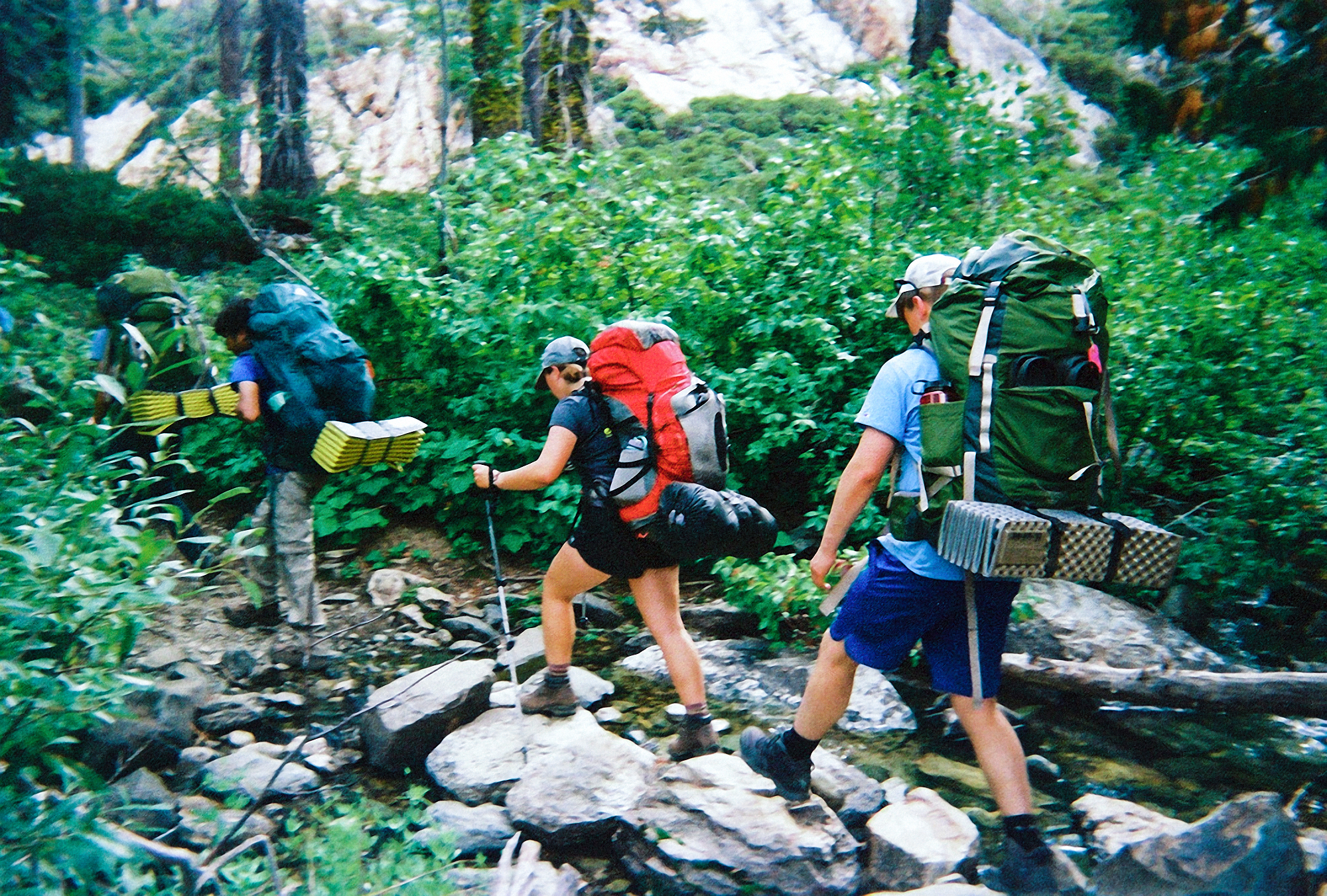 Backpackers hiking up a trail.