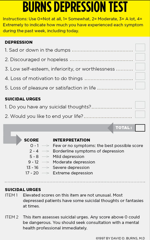 A copy of the Burns Depression Test. It is divided into questions about depression and suicidal urges. All questions are rated on a scale of 1-4. A score of 9 or above indicates moderate or more severe depression.