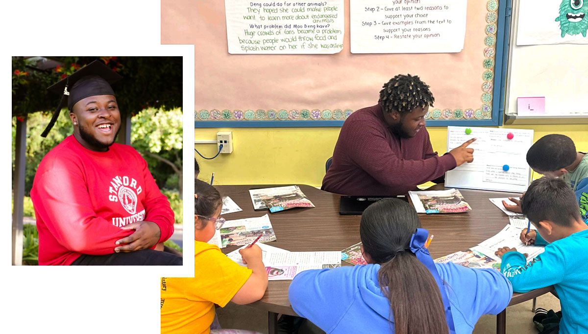 Kheshawn Wynn (Portrait) and a photo of Wynn in class with students.