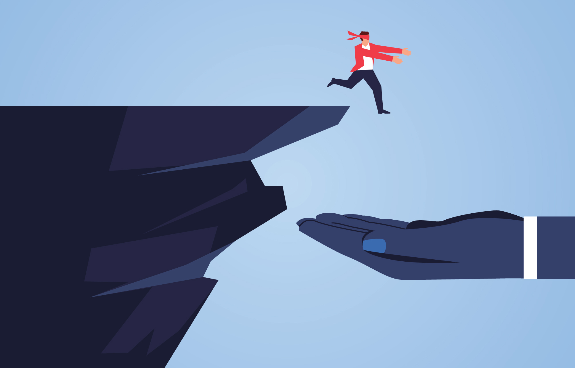 Illustration of a blindfolded person jumping off a cliff into a pair of hands