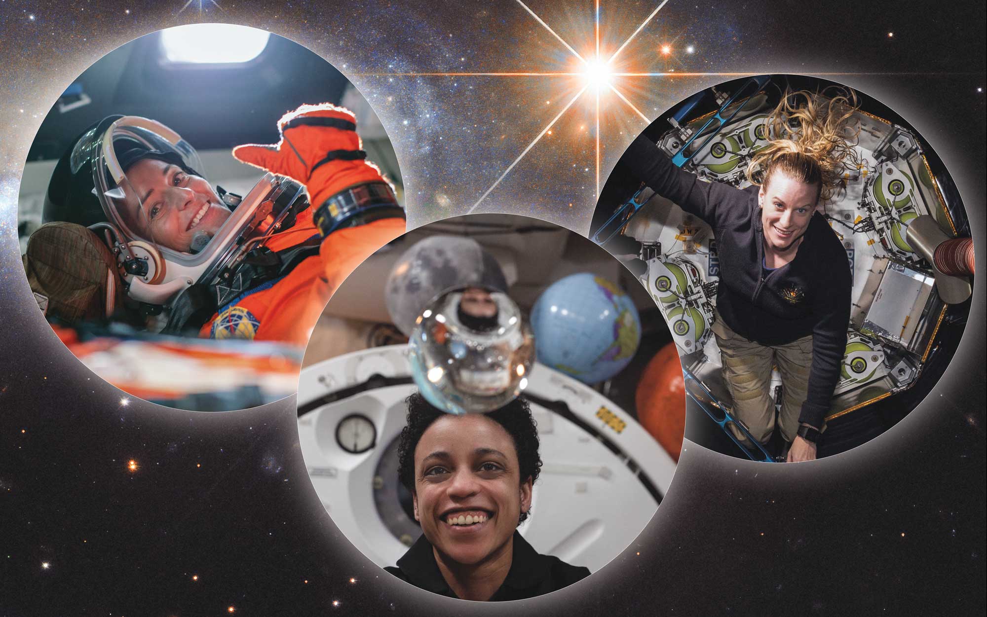 Photo collage with astronauts Nicole Mann on the left, Tracie Watkins in the middle and Katie Rubins on the right.