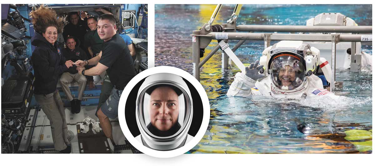 A set of 3 photos: Mann with her colleagues on the Space Station in the left photo. Mann wearing a space helmet in the middle photo. And Mann in a space suit training in a swimming pool in the right photo.