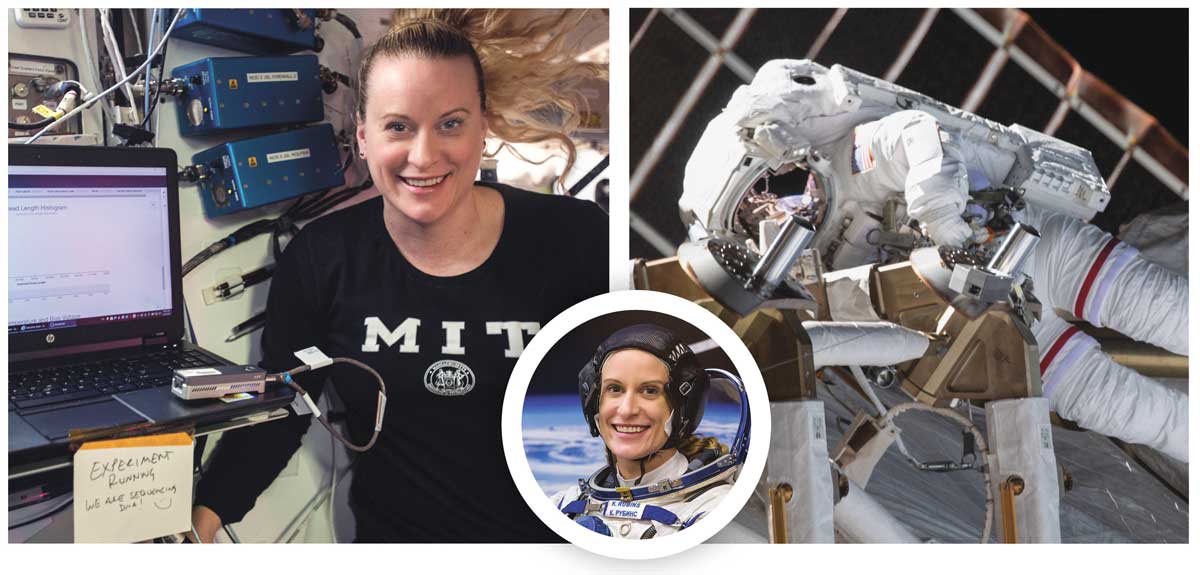 A set of 3 photos: Rubins at a computer wearing an MIT sweater on the left. Rubins in flight gear in the middle photo. And Rubins in her space suit while in space at the Space Station in the right photo.