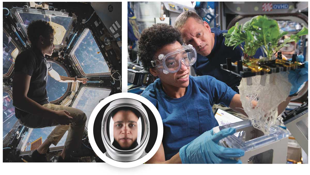 A set of 3 photos: Watkins looking out of space capsule into space on the left. Watkins in space helmet in the middle photo. And Watkins holding a plant specimen with colleague Bob Hines behind her on the right photo.