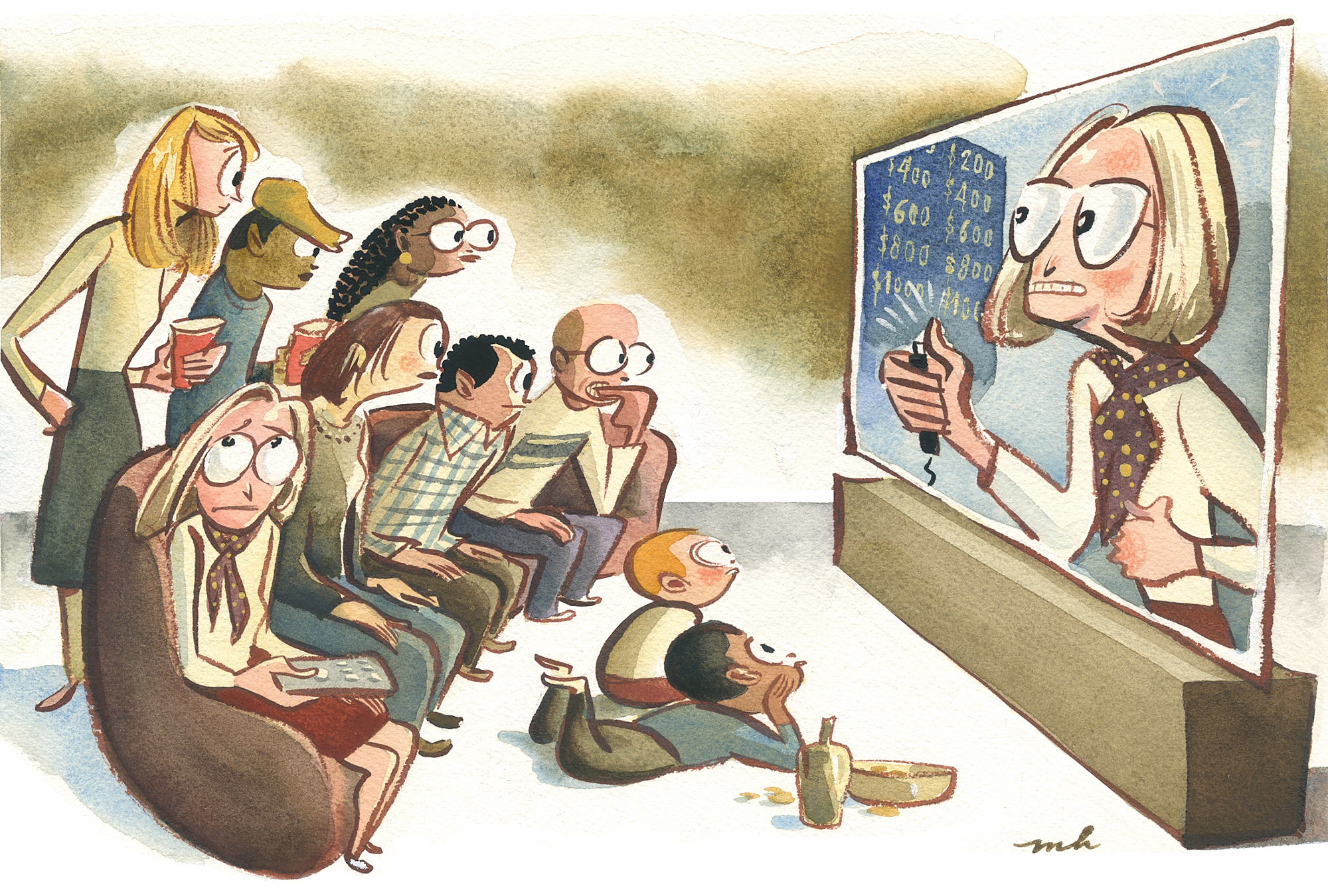 A group of people nervously watching the TV where someone is on Jeopardy!