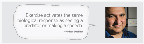A photo of Dhabhar with the quote: "Exercise activates the same biological response as seeing a predator or making a speech."