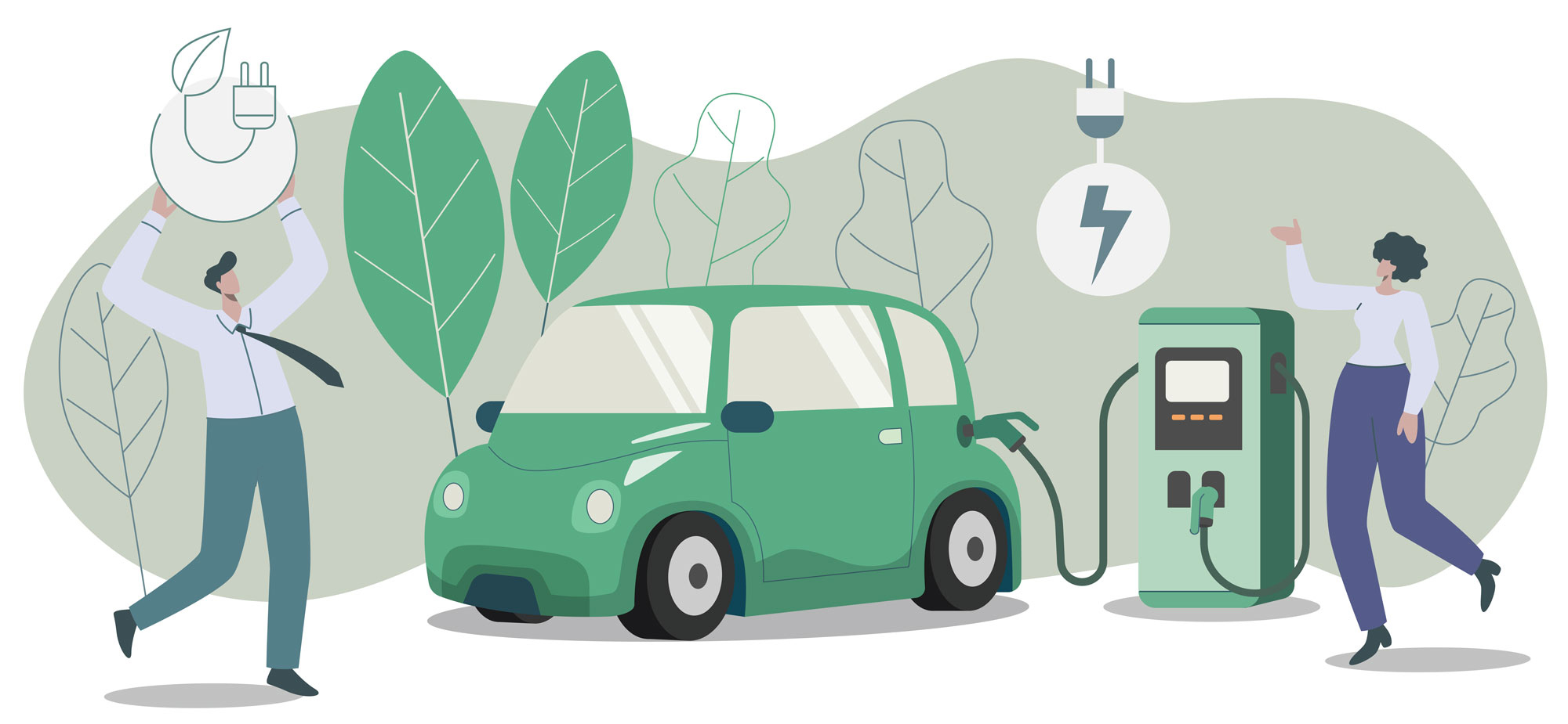 Illustration of people charging a car.
