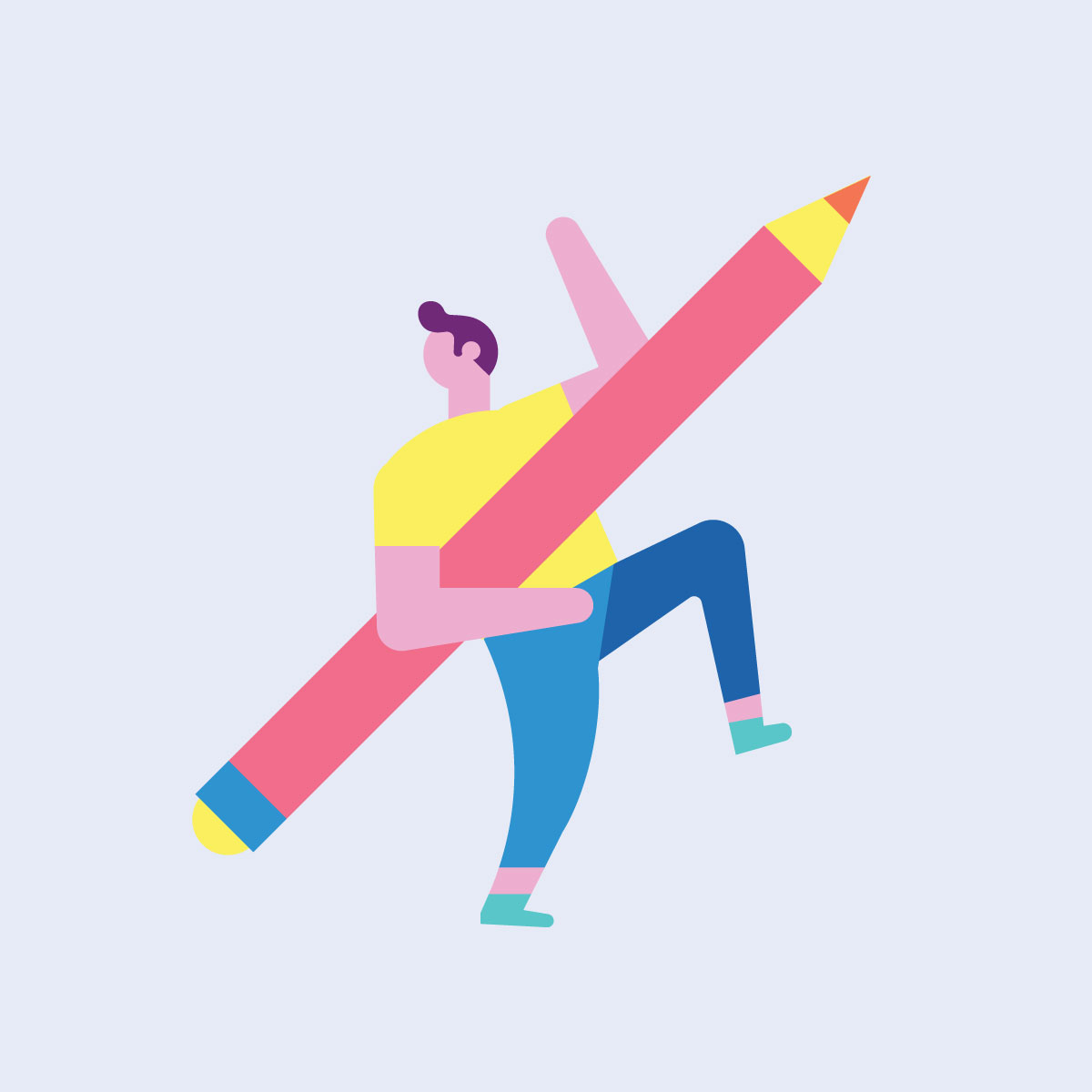 Illustration of man walking and holding a giant pencil while waving.