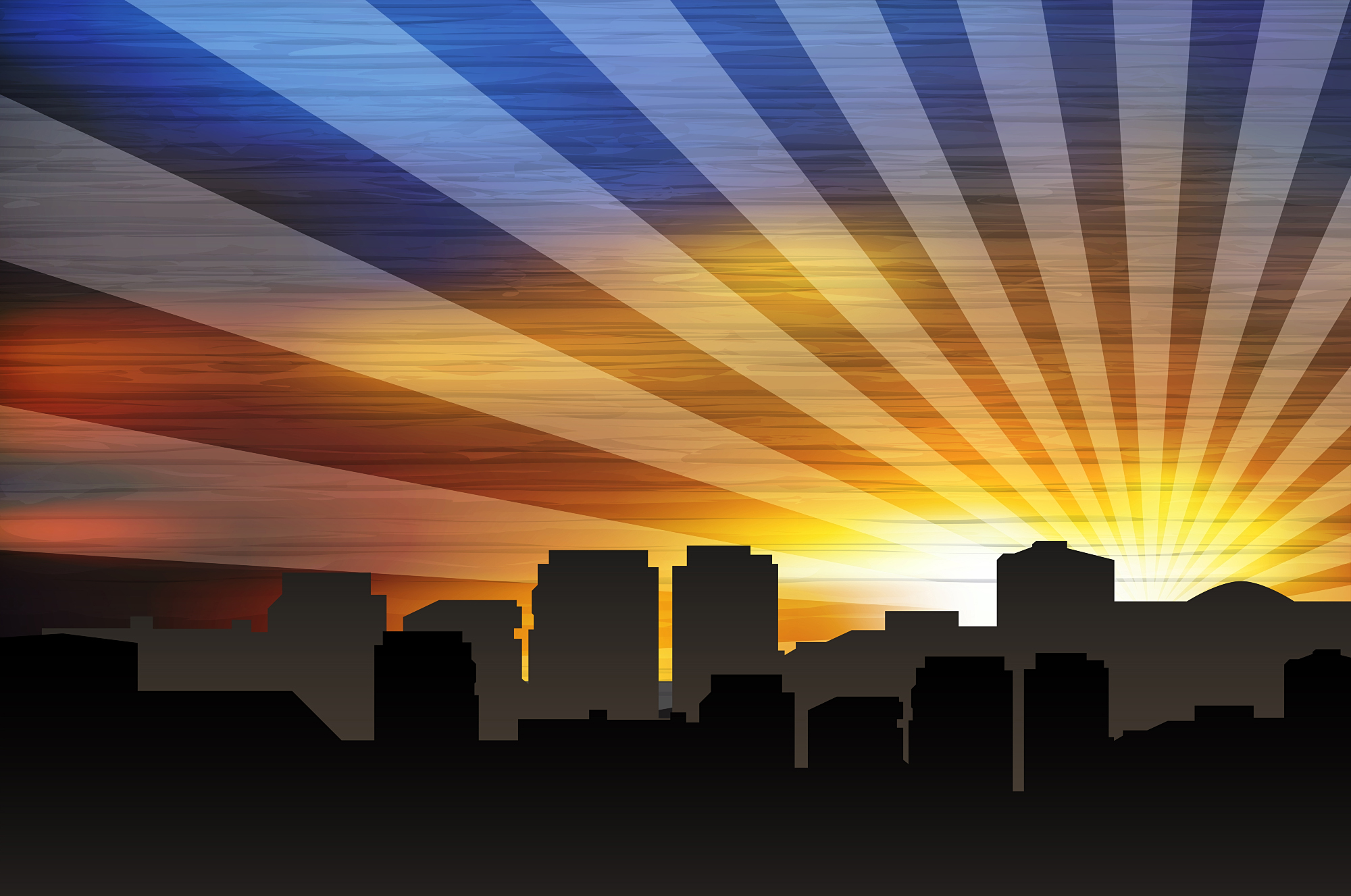 Illustration of sun rays shining over a city scape
