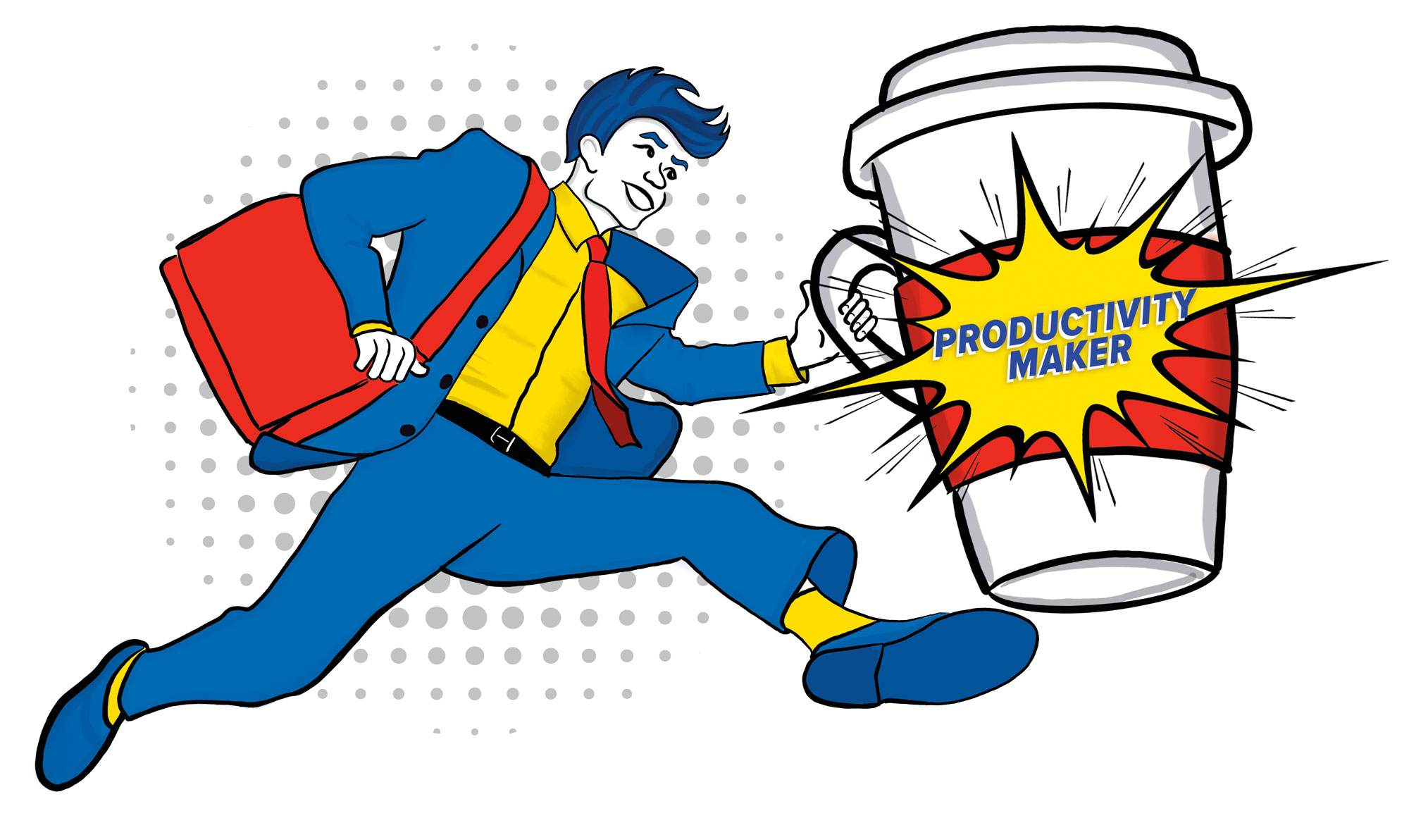 Illustration of a man running wearing a shoulder bag and carrying an oversized coffee cup