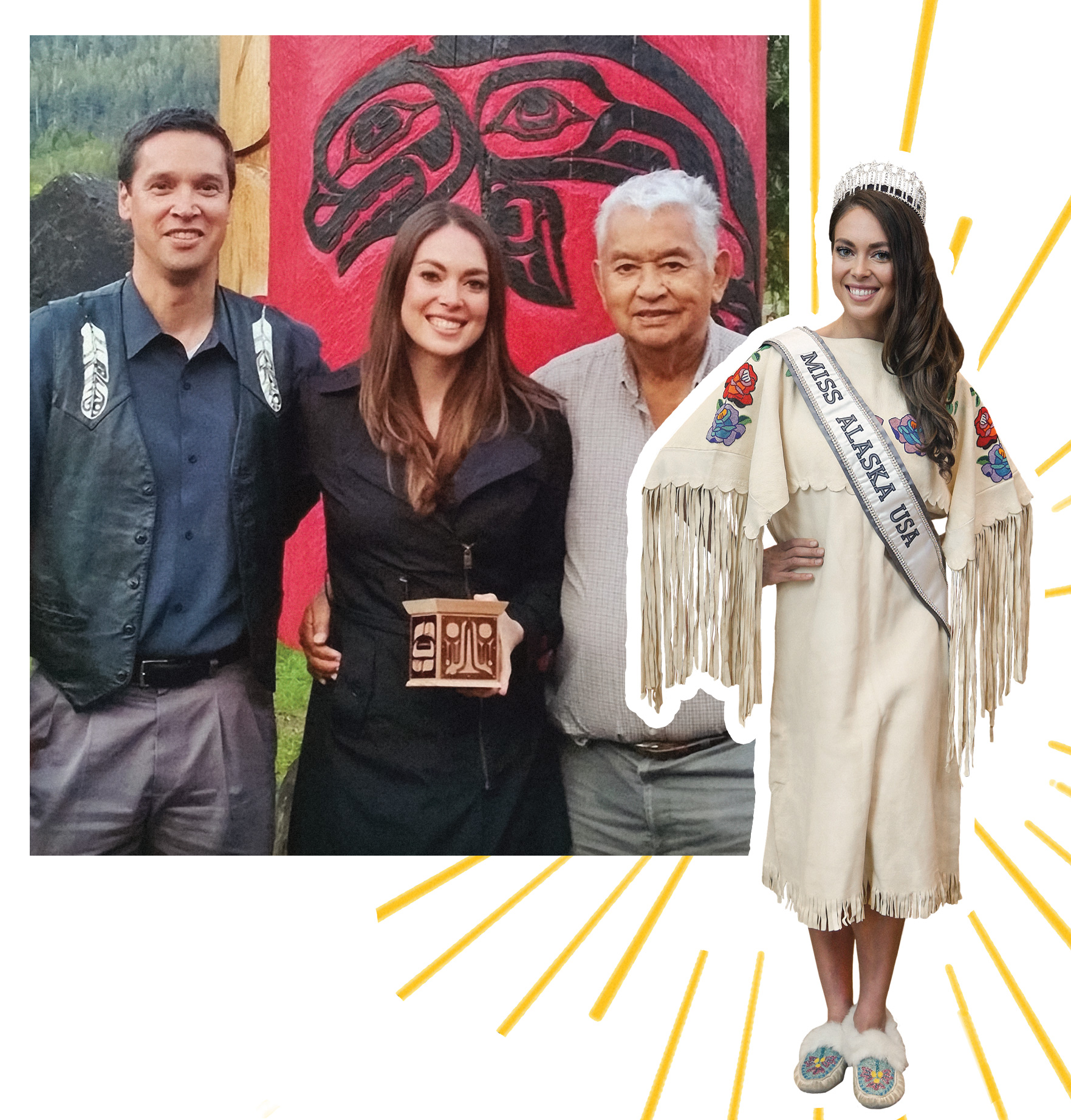 Photo of Alyssa London with her father, Tate London, and grandfather Ernie Boyd, as well as photo of London in Native regalia and a Miss USA sash and crown.