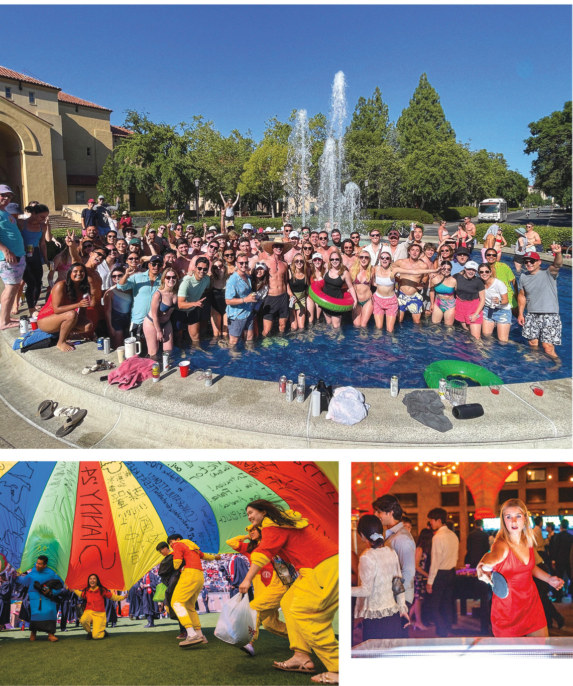 GSB graduates wade in a campus fountain; A senior plays ping pong in the Quad; Wacky Walk participants lift a rainbow parachute.