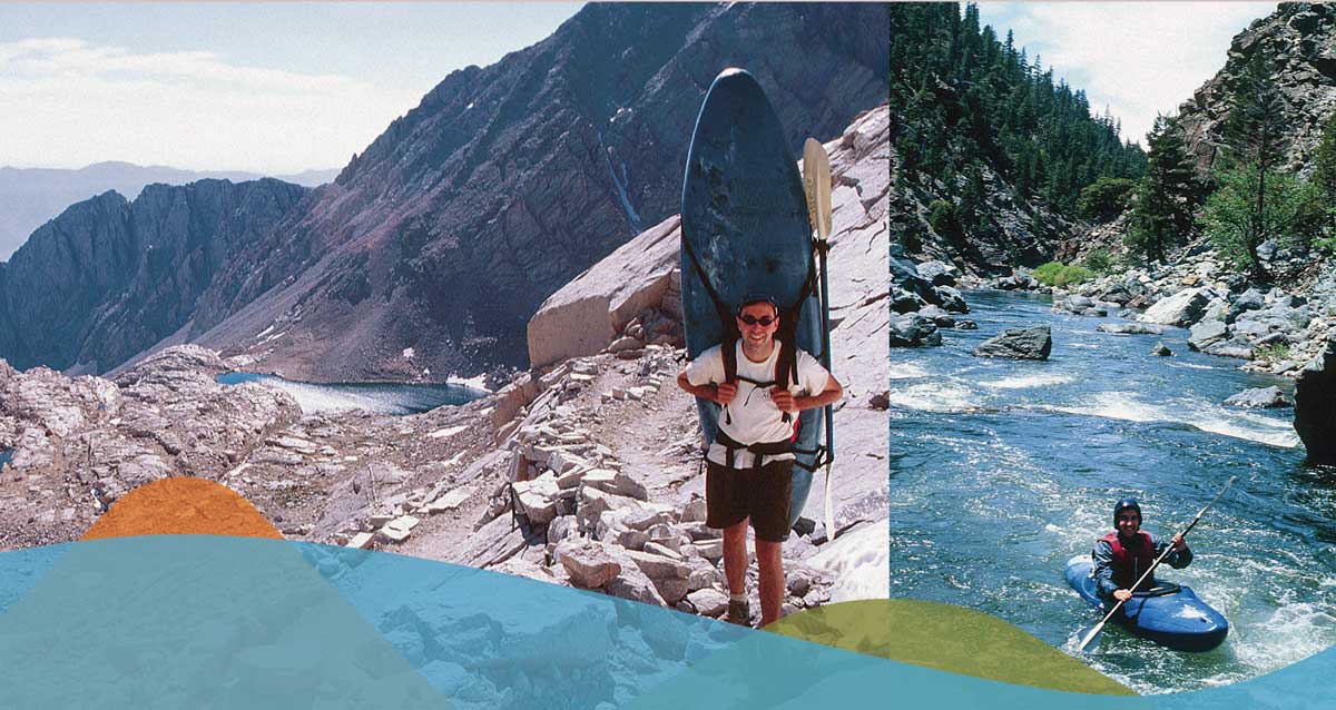 Levin carries his kayak on Mount Whitney Trail (left) and paddles through the middle fork of Northern California’s Feather River (right). 
