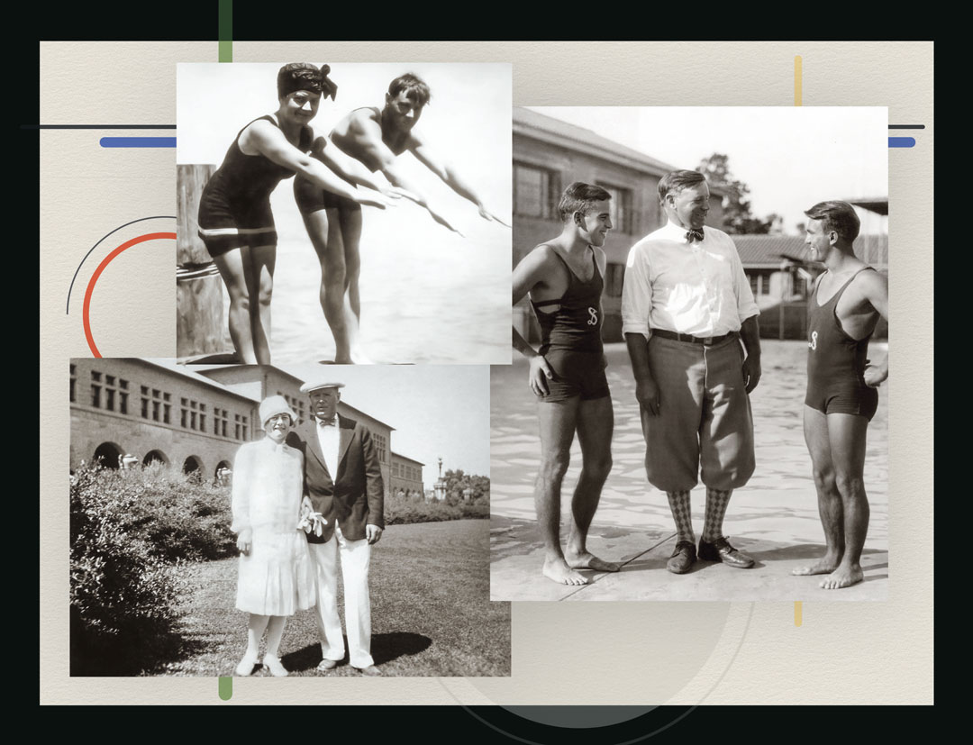 3 photos: Brandstenwith his wife Greta (top and left). And Brandsten with 2 divers at Stanford.