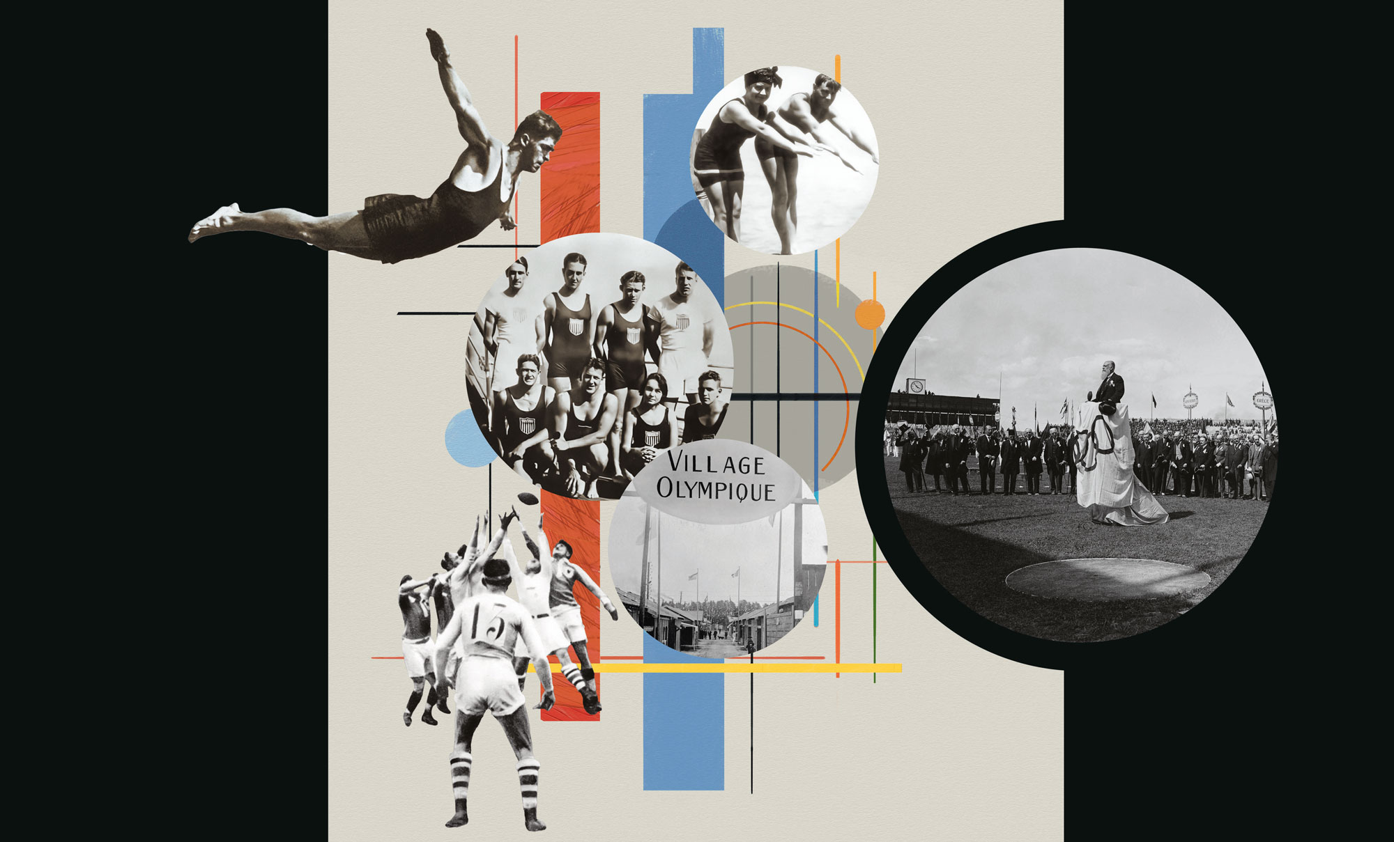 Series of photos:  White dives for gold; Ernst and Greta Brandsten prepare for a plunge; officials open the Games; the Olympic Village makes its debut; Stanford rugby players bring drama to the Paris pitch; and Neher sets sail for France with her fellow Stanford Olympic divers.