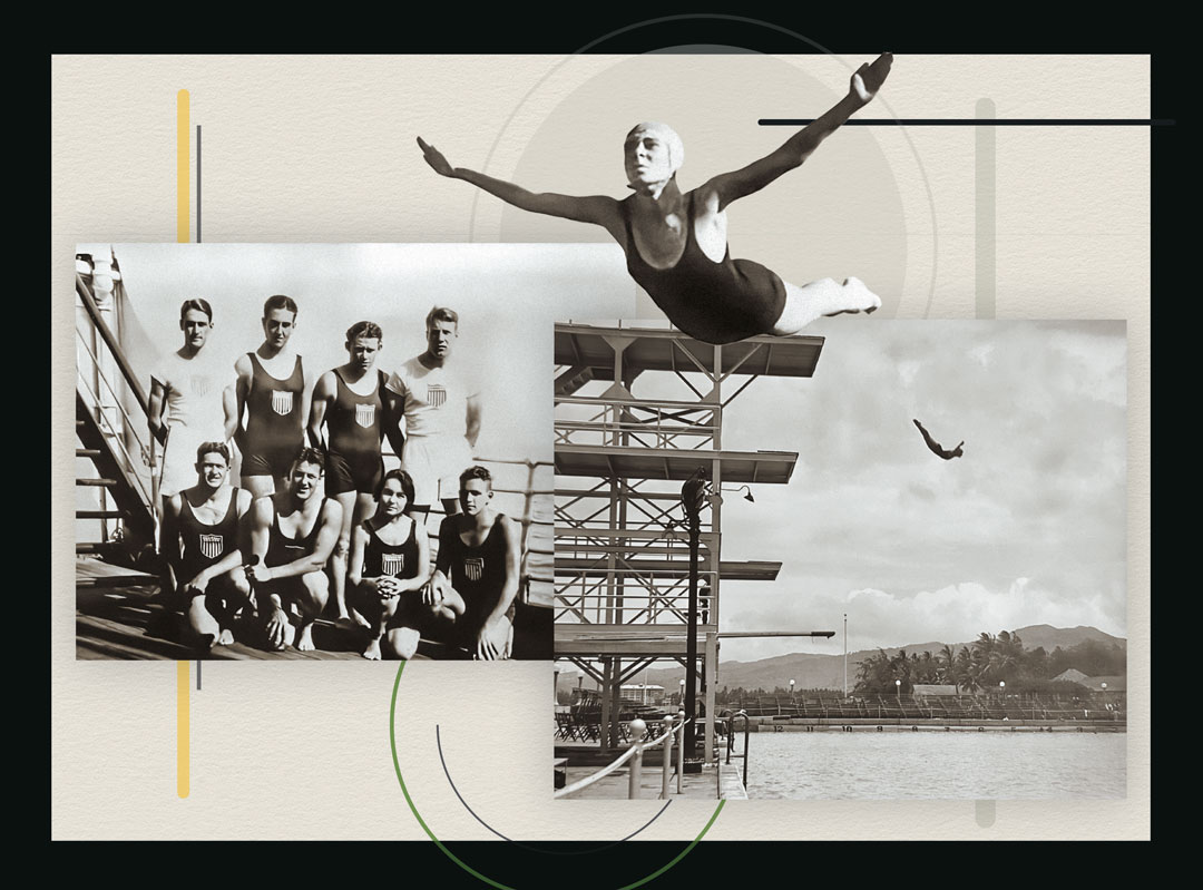 Collage of images: Neher diving; Neher with the on the America with other male athletes and Neher diving in Searsville Lake