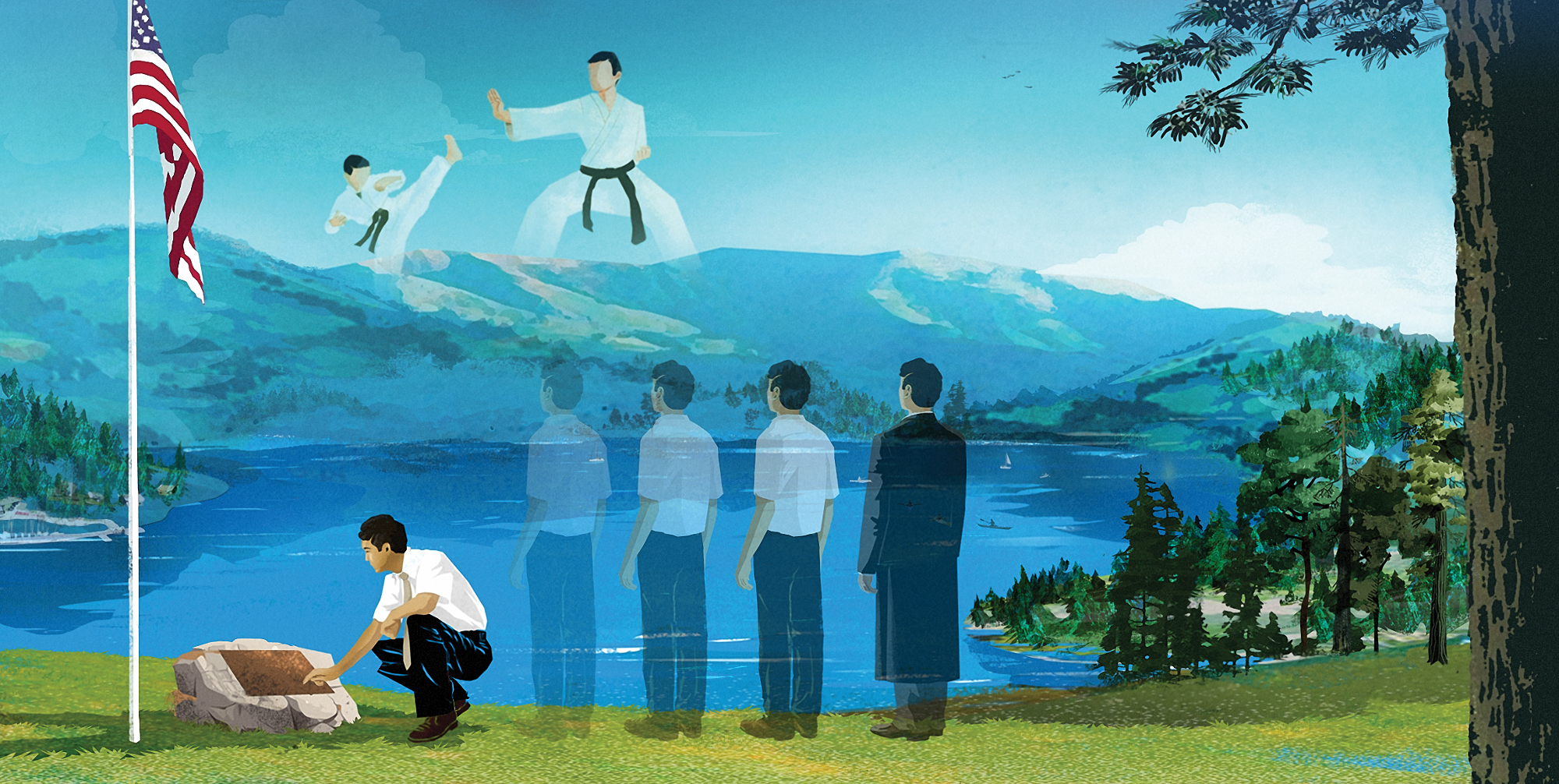 Illustration of a man kneeling by a memorial next to a lake