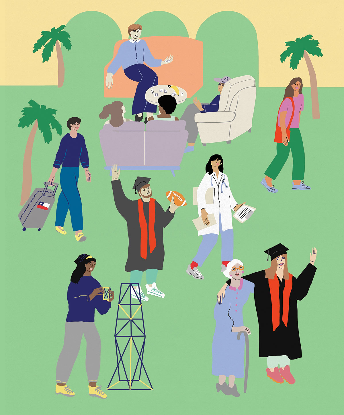 illustration of our seven frosh at Stanford