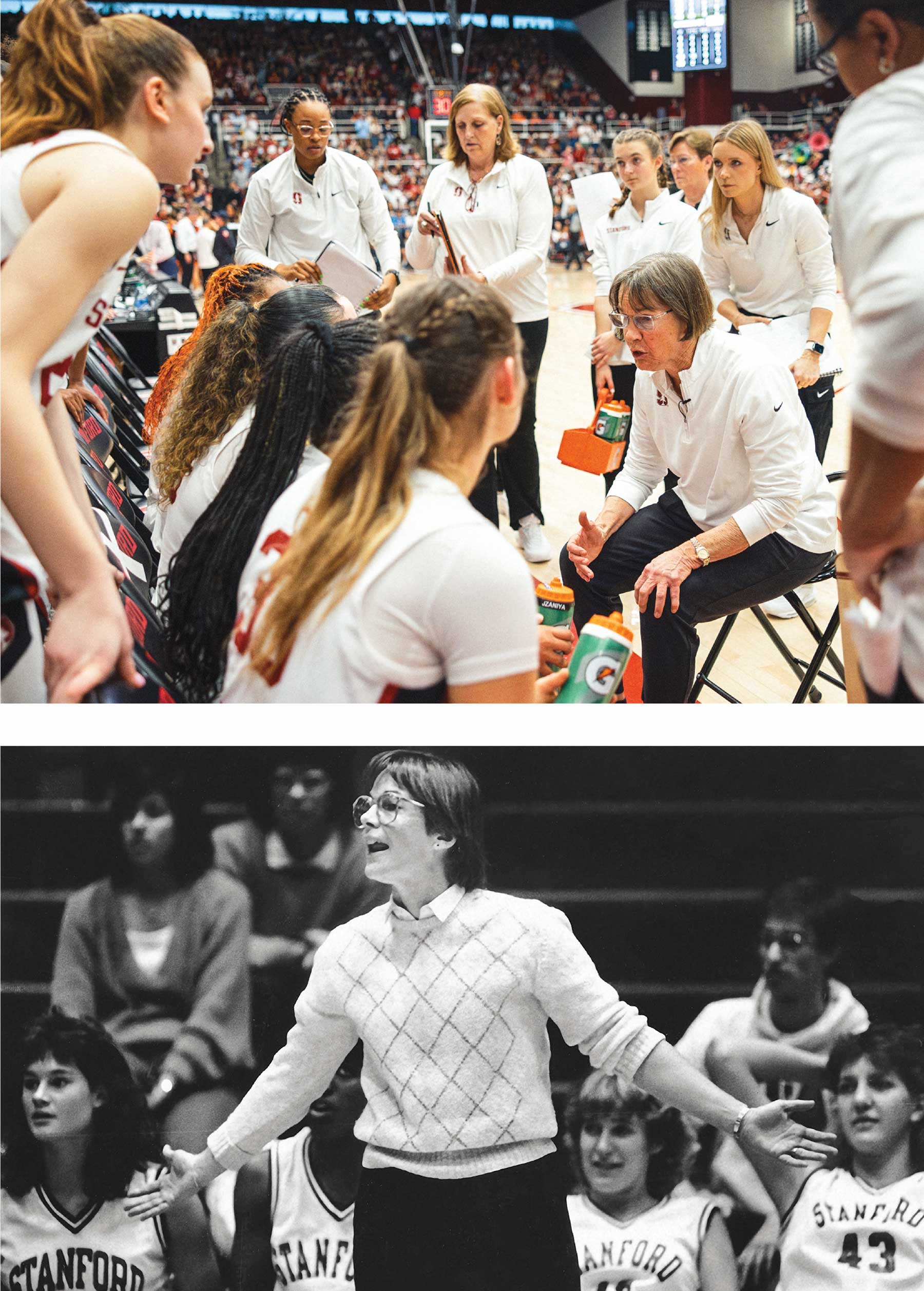 VanDerveer stands on the sidelines with arms outstretched as if to object to a decision..