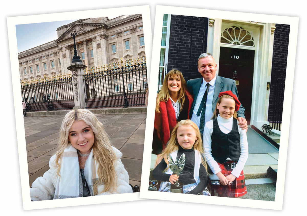 Griffiths in front of Buckingham palace; Griffiths as a child, with her sister and parents.