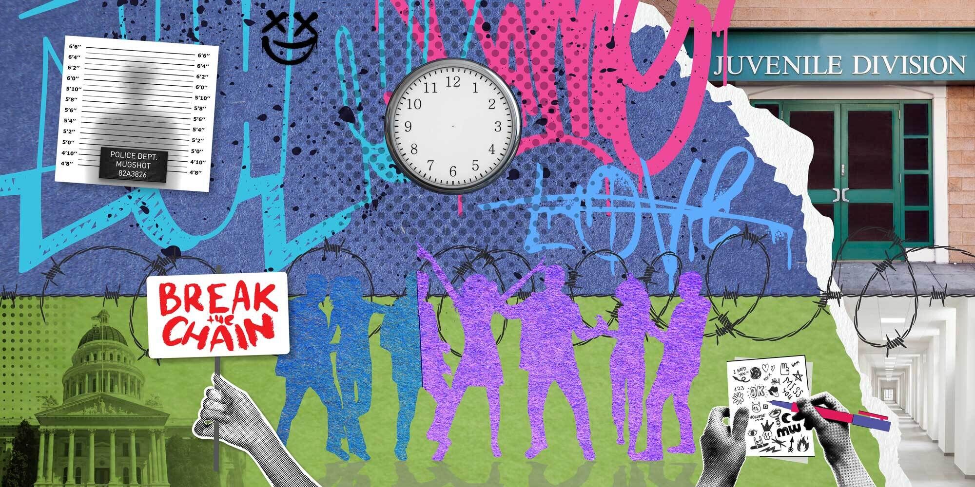 Collage-style illustration showing elements evoking juvenile justice reform, with abstracted images of institutional architecture, fragmented paper, silhouettes of youth, and symbols of hope, struggle and transformation.