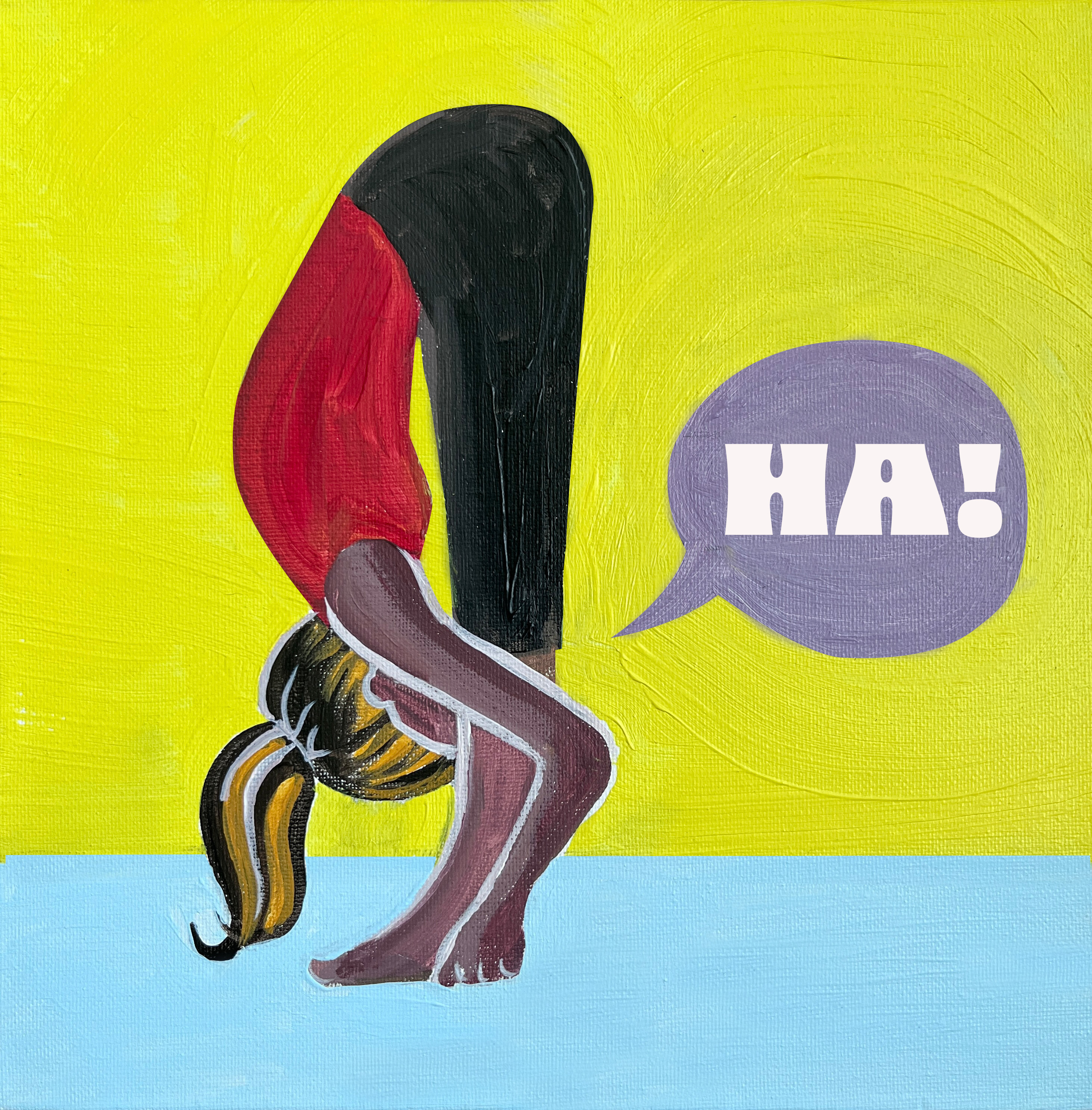 Illustration of a person doing a yoga forward bend with a sound bubble that says "Ha!"