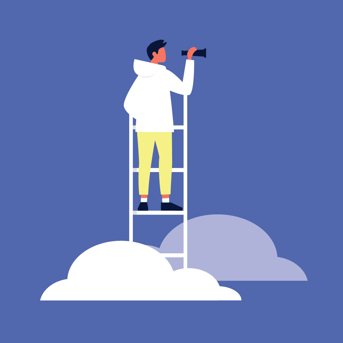 Illustration of man looking out above the clouds.