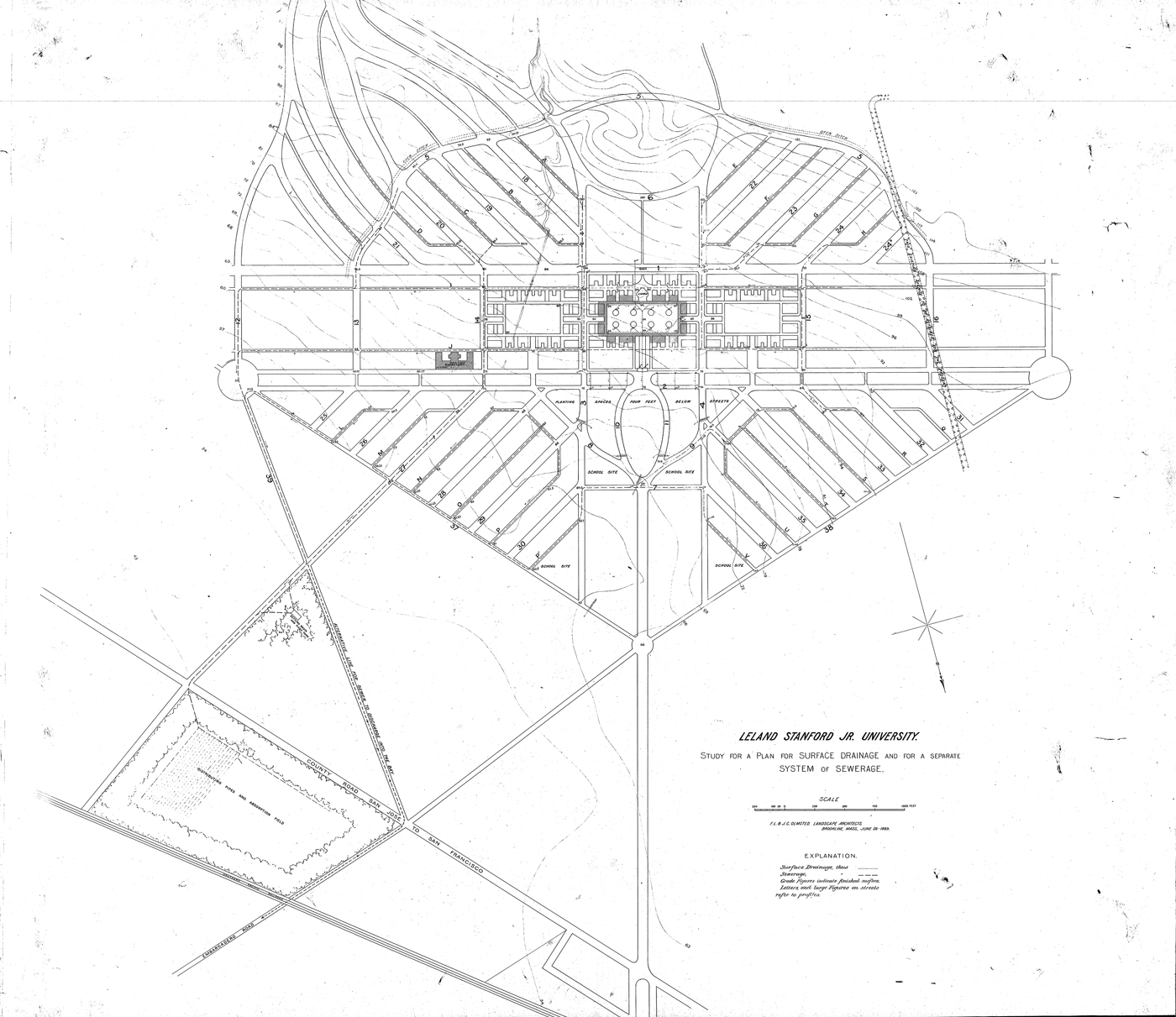 Stanford's drainage and sewage systems, as sketched, are scattered throughout the campus and seem to run off to the bottom left of the map towards nearby county roads.